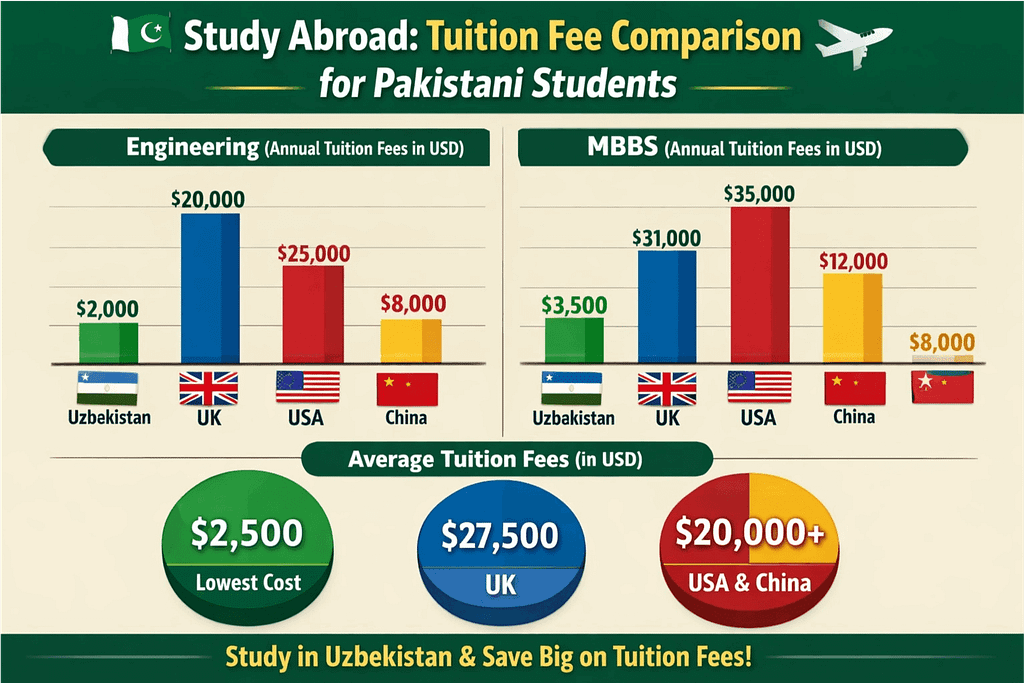 Affordable study abroad for Pakistanis cost comparison - Uzbekistan vs UK, USA, China